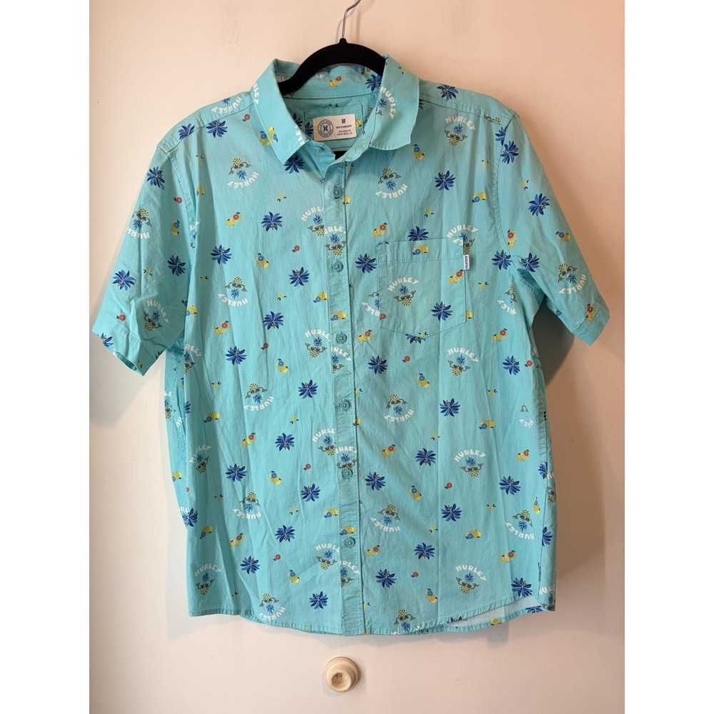 Hurley‎ Men's Medium Tropical Button Up Shirt Blue Hawaiian Beach Short Sleeve